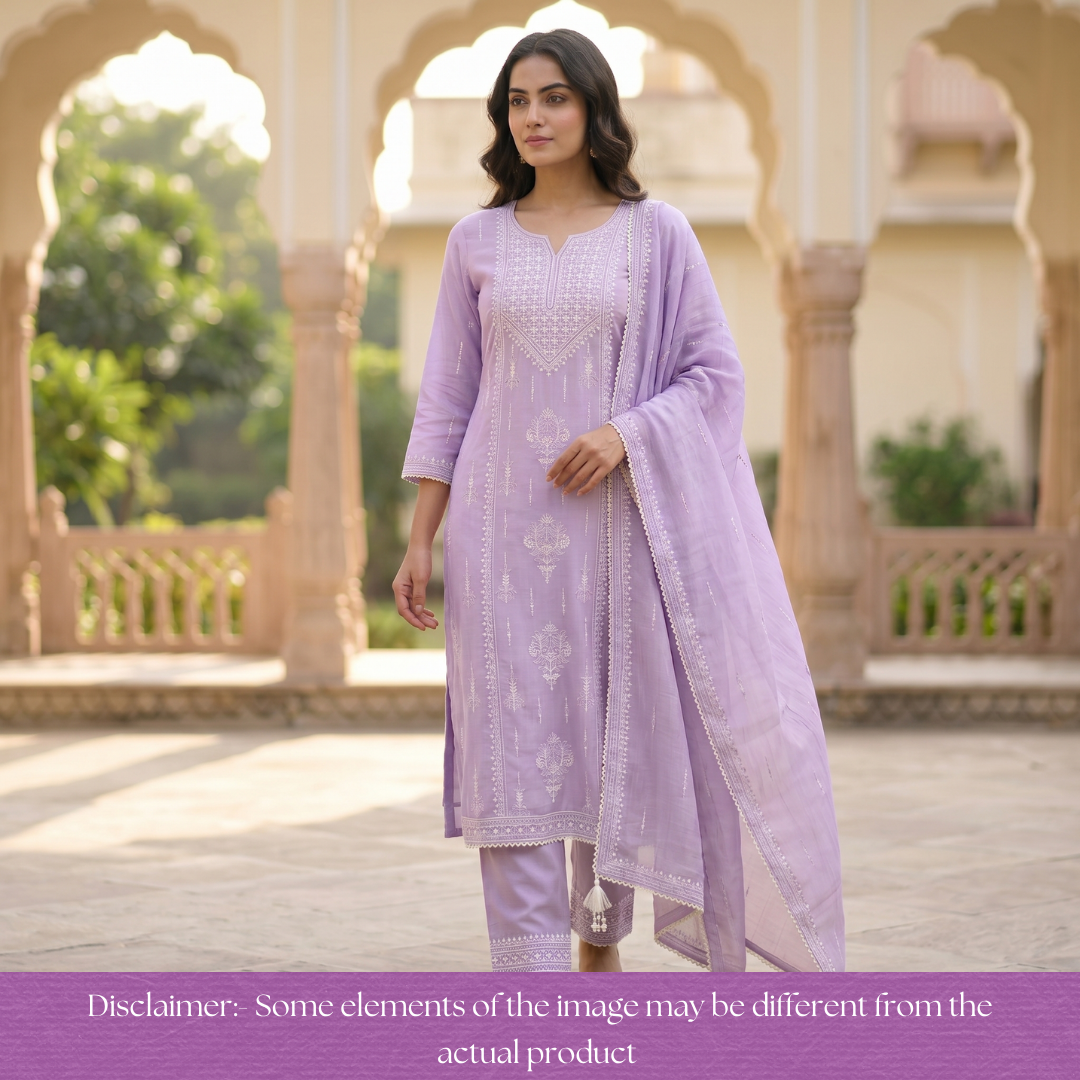 Jeevika Orchid Lavender Blue Embroidered Panel Mul Chanderi Set