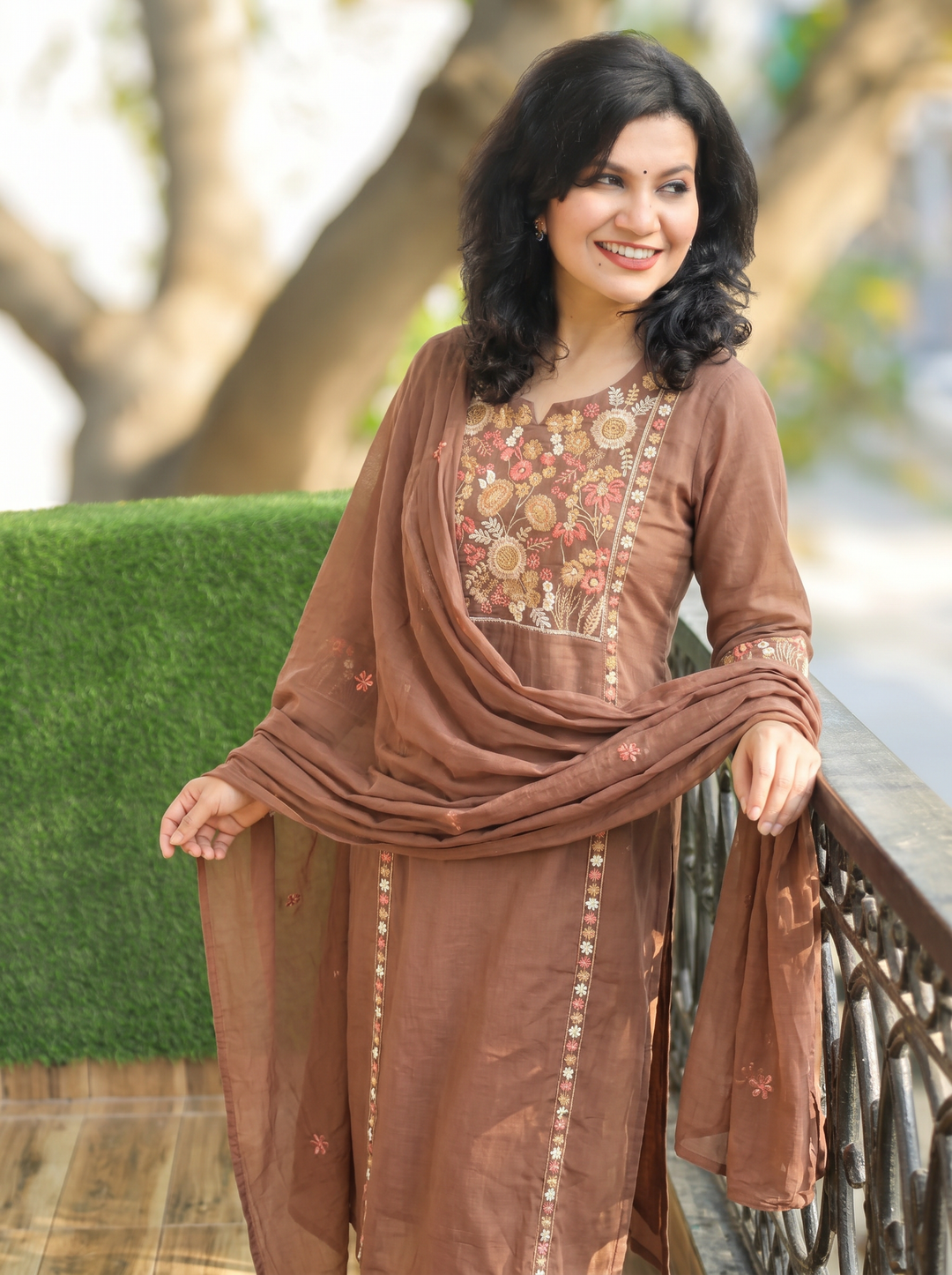 Rimjim Choco Brown Embroidered Mul Cotton Set