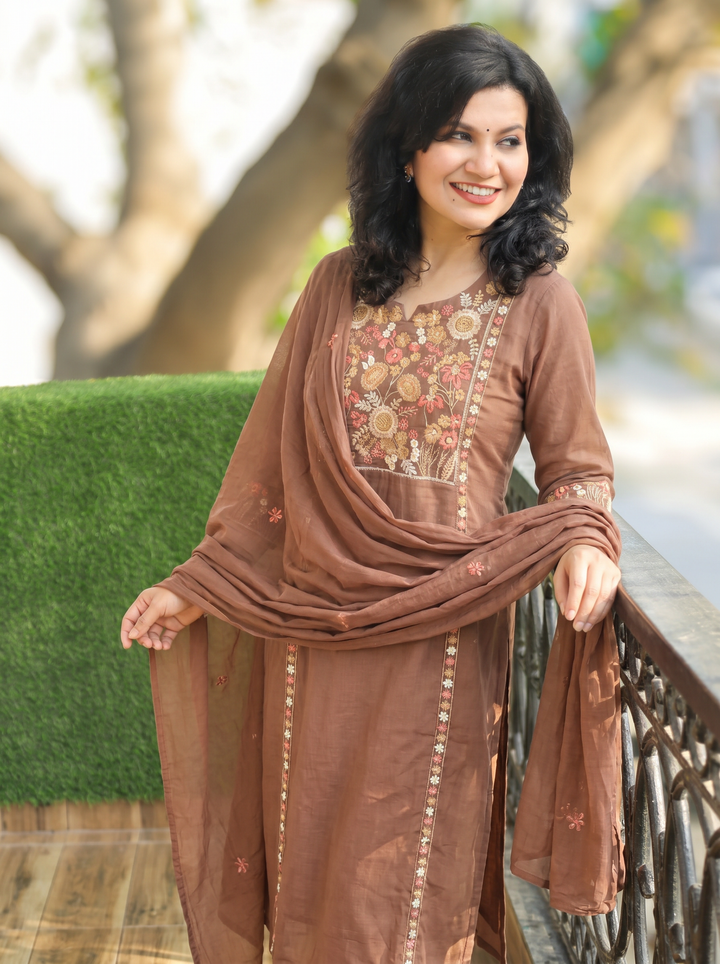 Rimjim Choco Brown Embroidered Mul Cotton Set