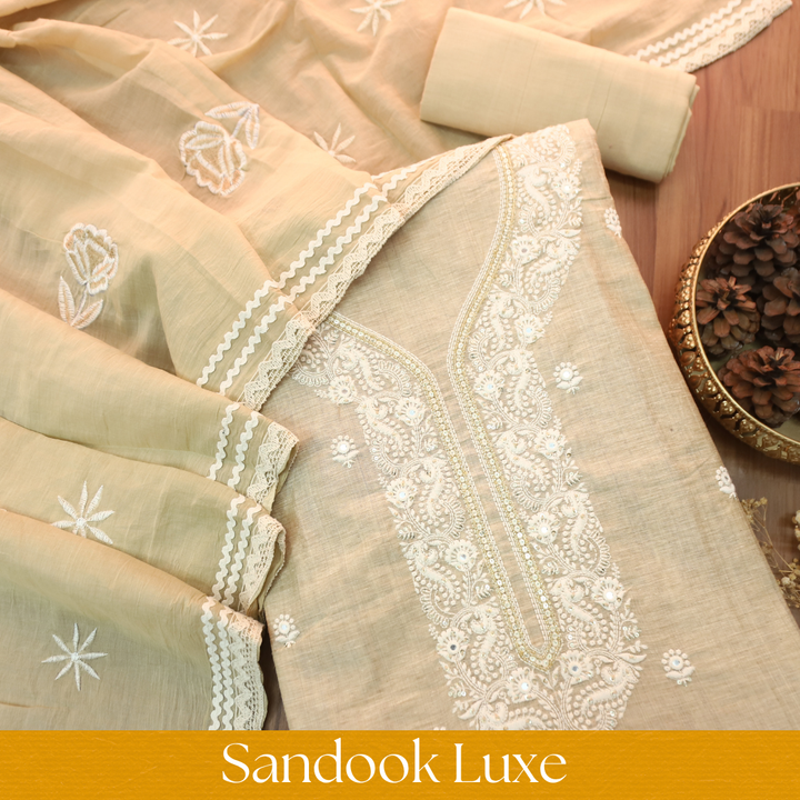 Vamika Sbad Beige Embroidered Neck Chanderi Set