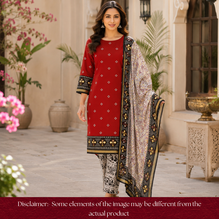 Saatvi Bride Red Ikkat Printed Hemline Mul Chanderi Set