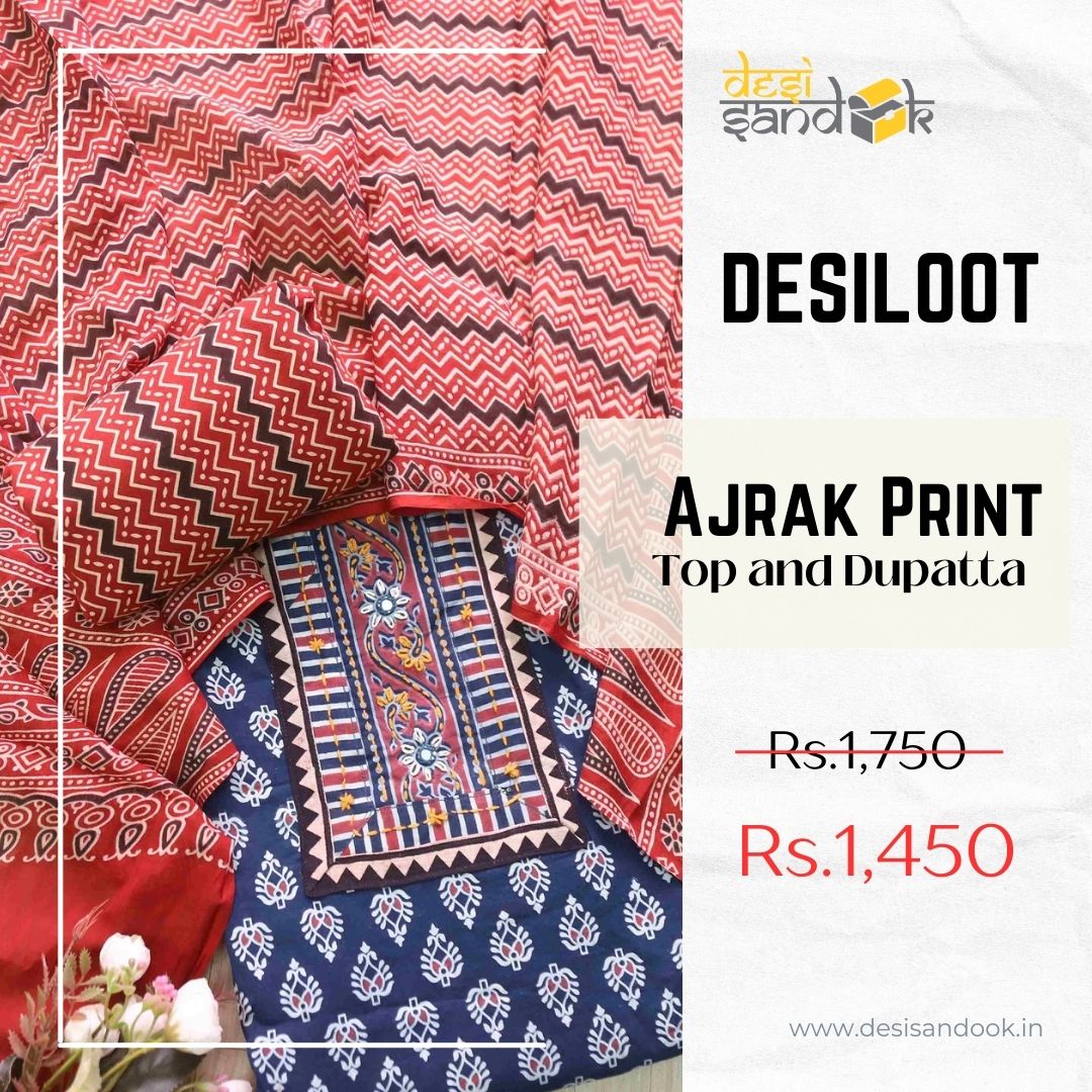 Aatish Air Force Blue Ajrak Print Cotton Top With Printed Dupatta