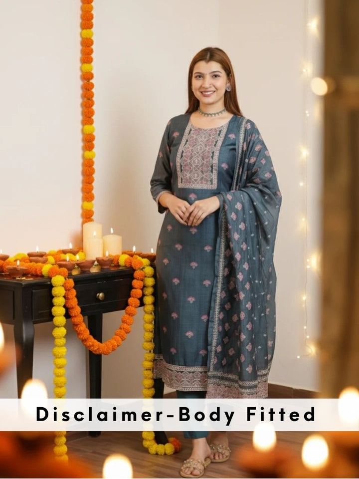 Khushi Navy Blue Digital Printed Neck with Kantha Detailing Chanderi 3 Piece Set