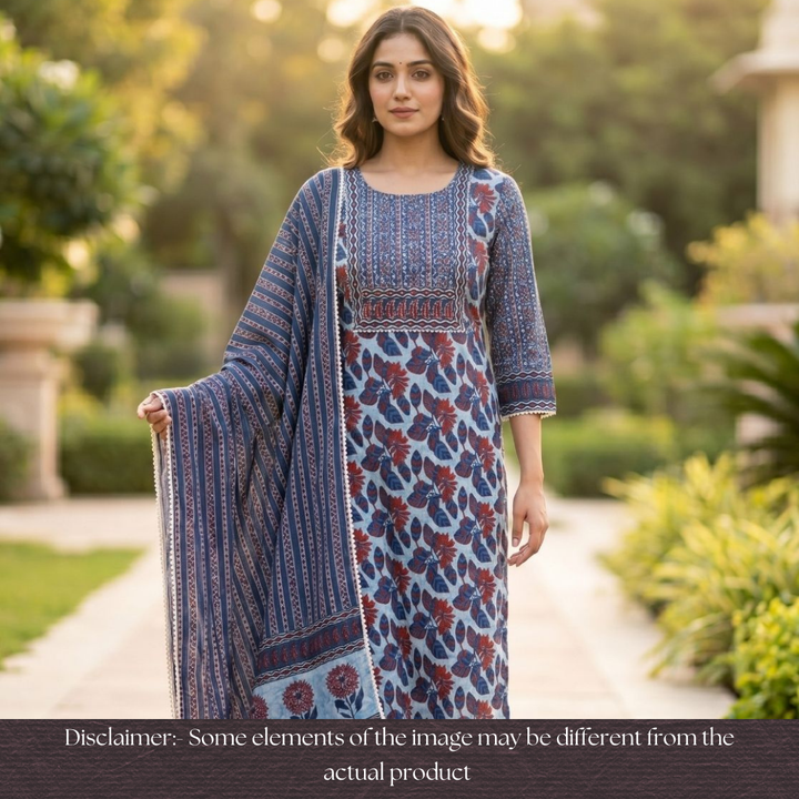 Phool Denim Blue Zari Work Yoke Floral Printed Cotton Set