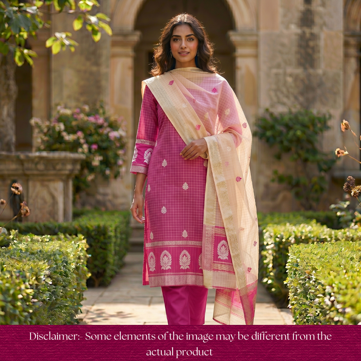 Vaniya Rani Pink Checked with Zari Weaved Hem Cotton Silk Set