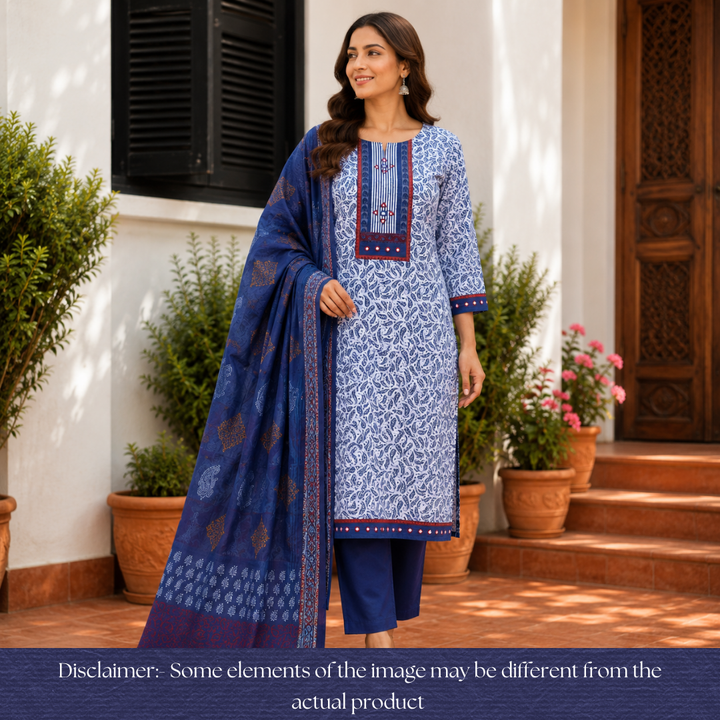 Ishani Stone Blue Kutch Mirror Dabu Printed Cotton Set D1