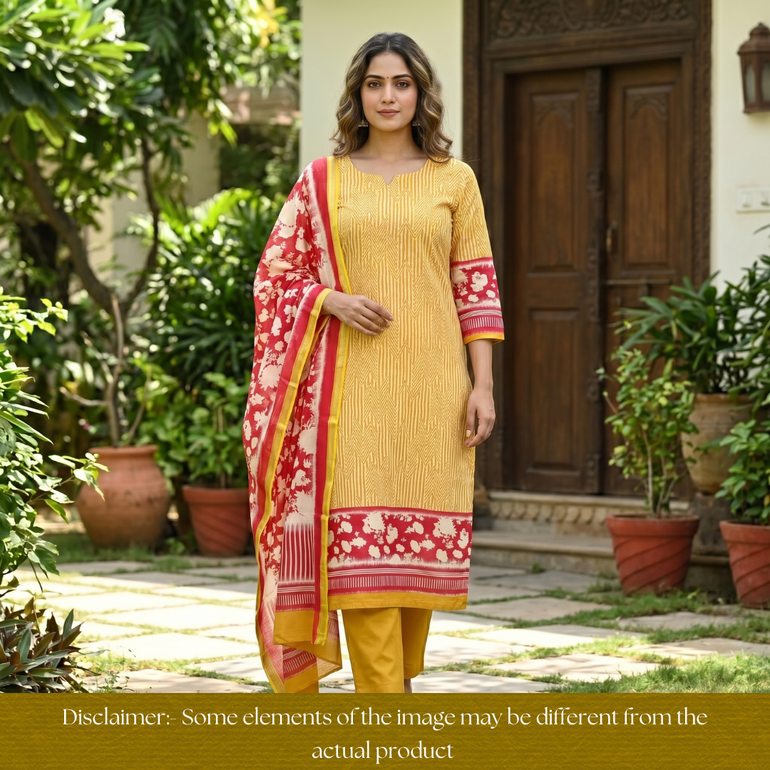 Parineeti Dijon Yellow Floral Printed Hem Maheswari Chanderi Set