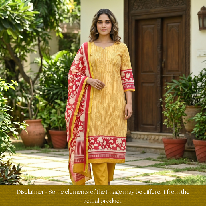 Parineeti Dijon Yellow Floral Printed Hem Maheswari Chanderi Set