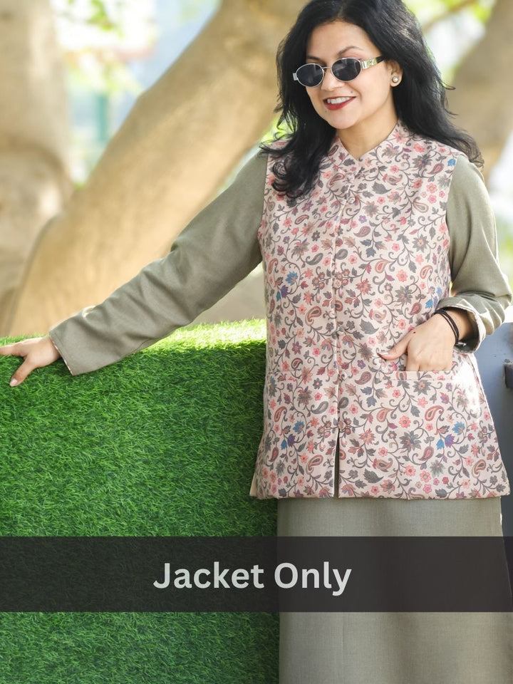Saanvi Beige with Hazel Kanni Printed Semi Pashmina Jacket with Pocket