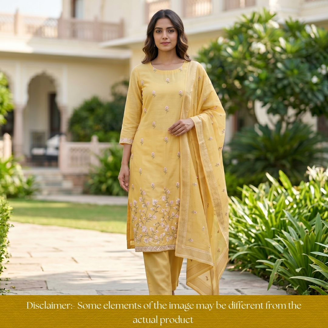 Radhi Butter Yellow Embroidered Hem Shimmer Tissue Linen Set