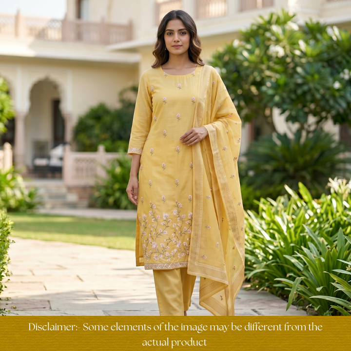 Radhi Butter Yellow Embroidered Hem Shimmer Tissue Linen Set