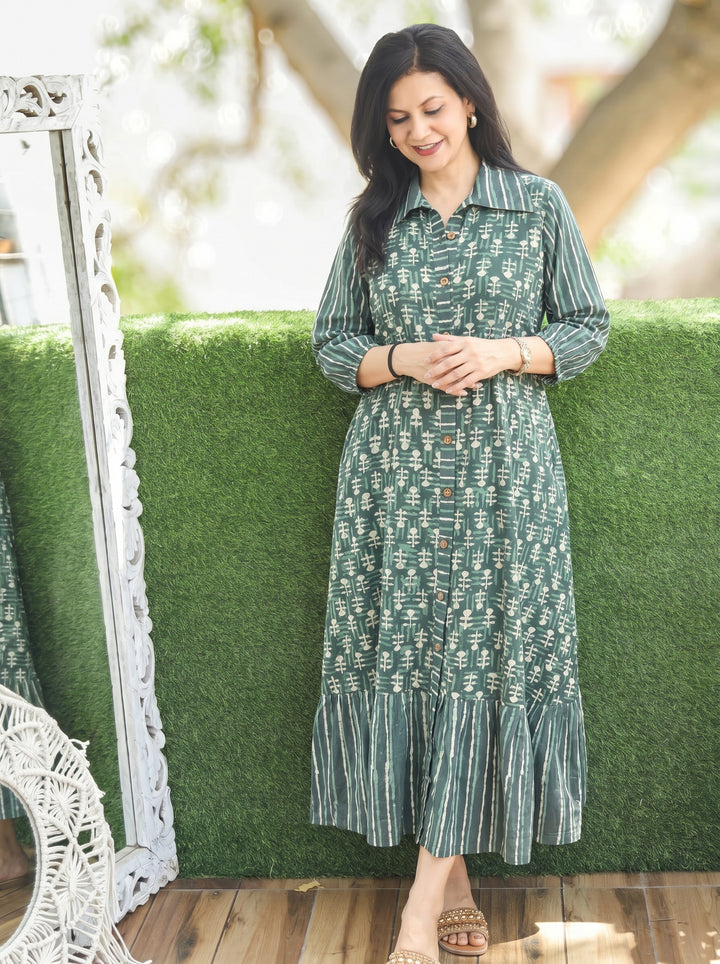 Asya Sage Green Dabu Printed Cotton Dress