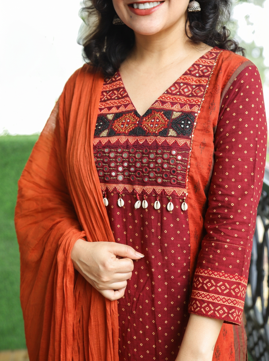 Sharmili Orange Panel Style Embroidered Mul Chanderi 3 Piece Set