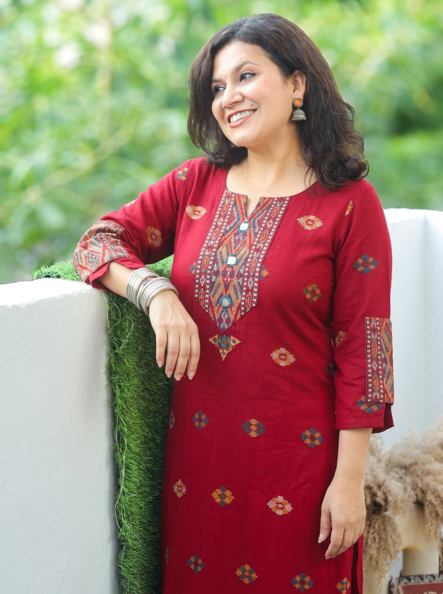 Shachi Dark Maroon Mirror Work Kullu Semi Woolen Winter Kurti
