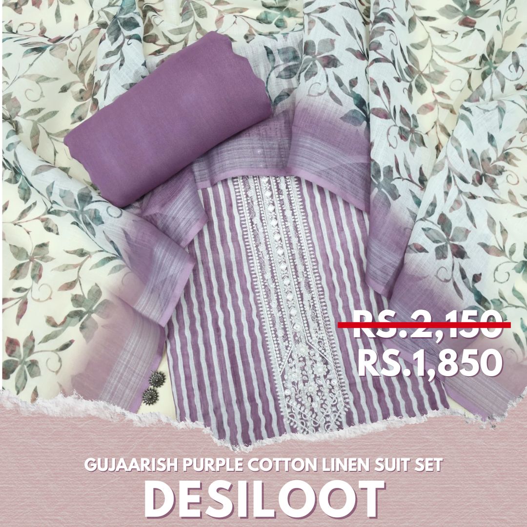 Gujaarish Purple Stripe Print with Thread Embroidery Neck Cotton Linen Suit Set