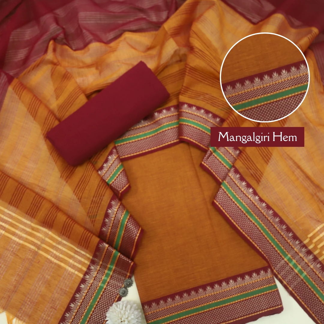 Sanskruti Marigold Yellow South Cotton Temple Hem Suit Set