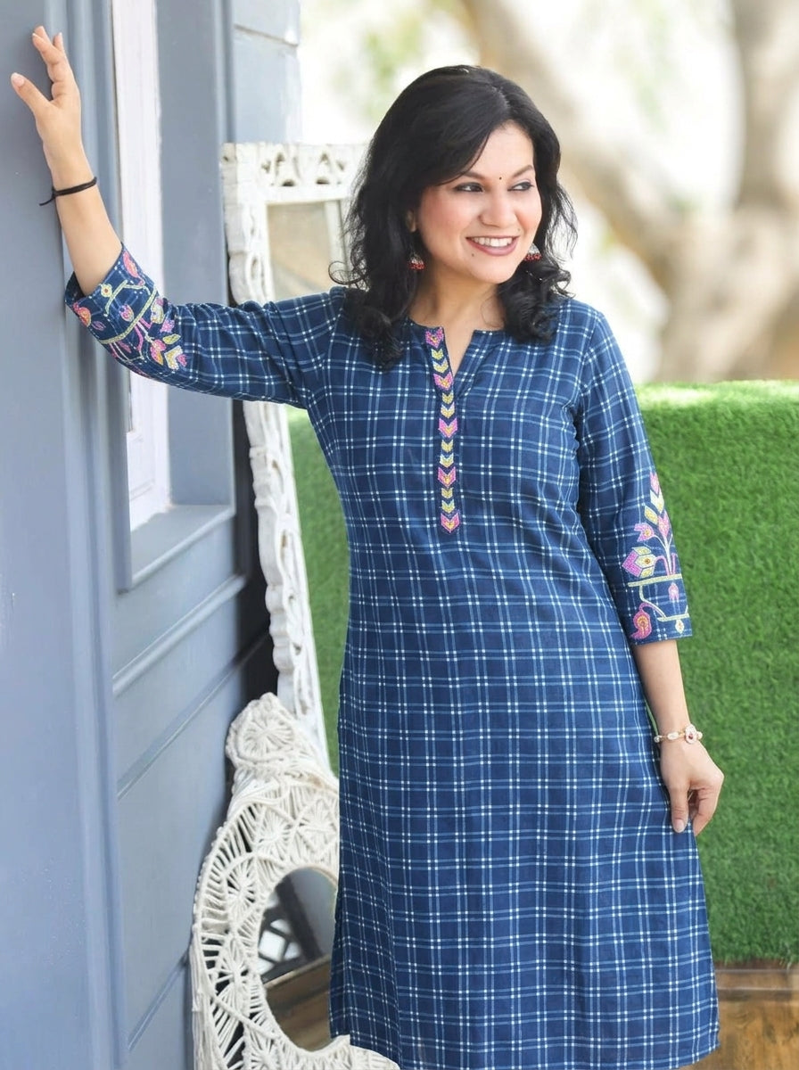 Prushna Denim Blue Embroidered Check Print Cotton Co-ord Set