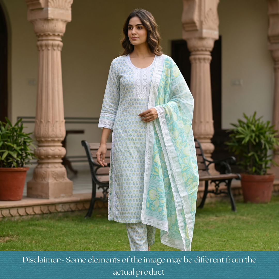 Keher White with Mint Floral Printed Embroidered Kota Doriya Set
