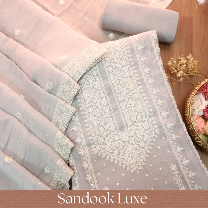 Vamika Fossil Grey Chikankari Embroidered Panel Mul Chanderi Set