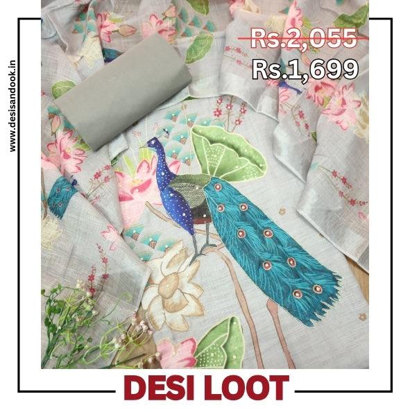 Bareli Sky Grey All Over Moti with Spiral Work Peacock Print Cotton Linen Set