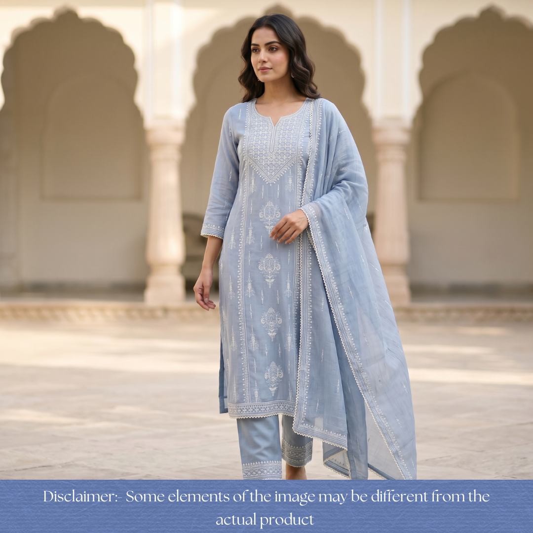 Jeevika Powder Blue Embroidered Panel Mul Chanderi Set