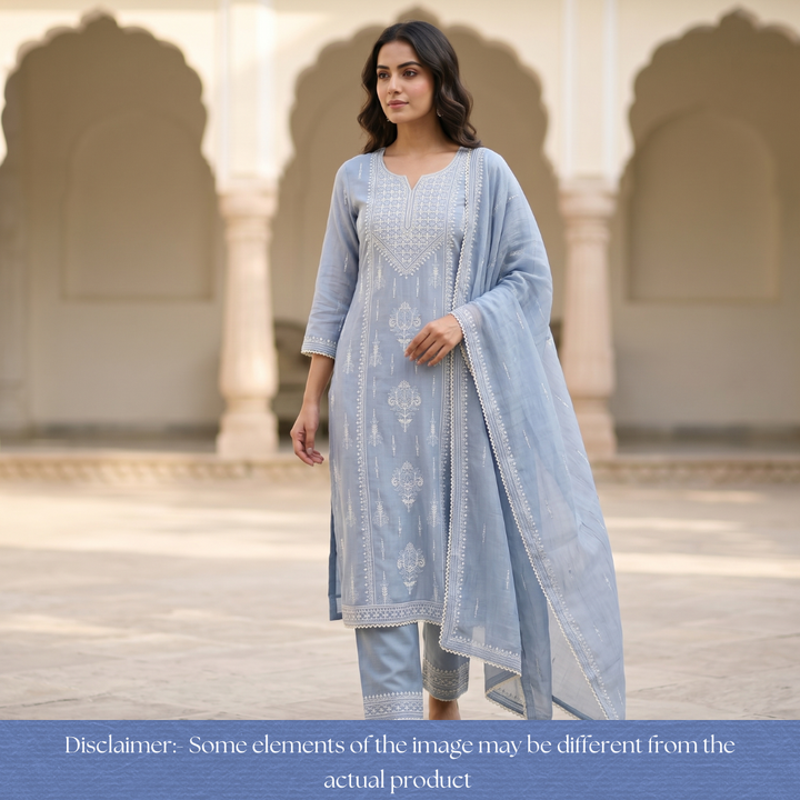 Jeevika Powder Blue Embroidered Panel Mul Chanderi Set