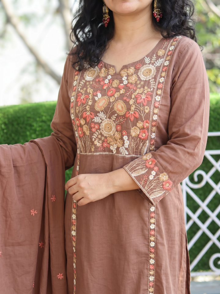 Rimjim Choco Brown Embroidered Mul Cotton Set