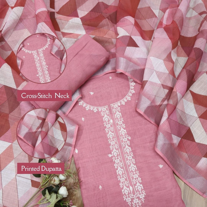 Rukhsat Blush Mauve Cross-Stitch Embroidery Neck Cotton Linen Suit Set
