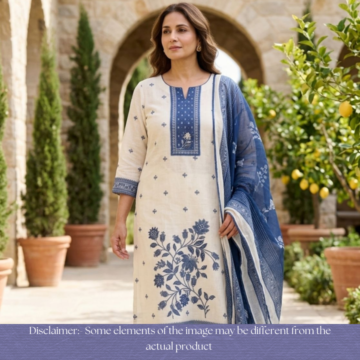 Beliya Beige with Blue Printed Yoke with Patra Floral Printed Cotton Linen Set