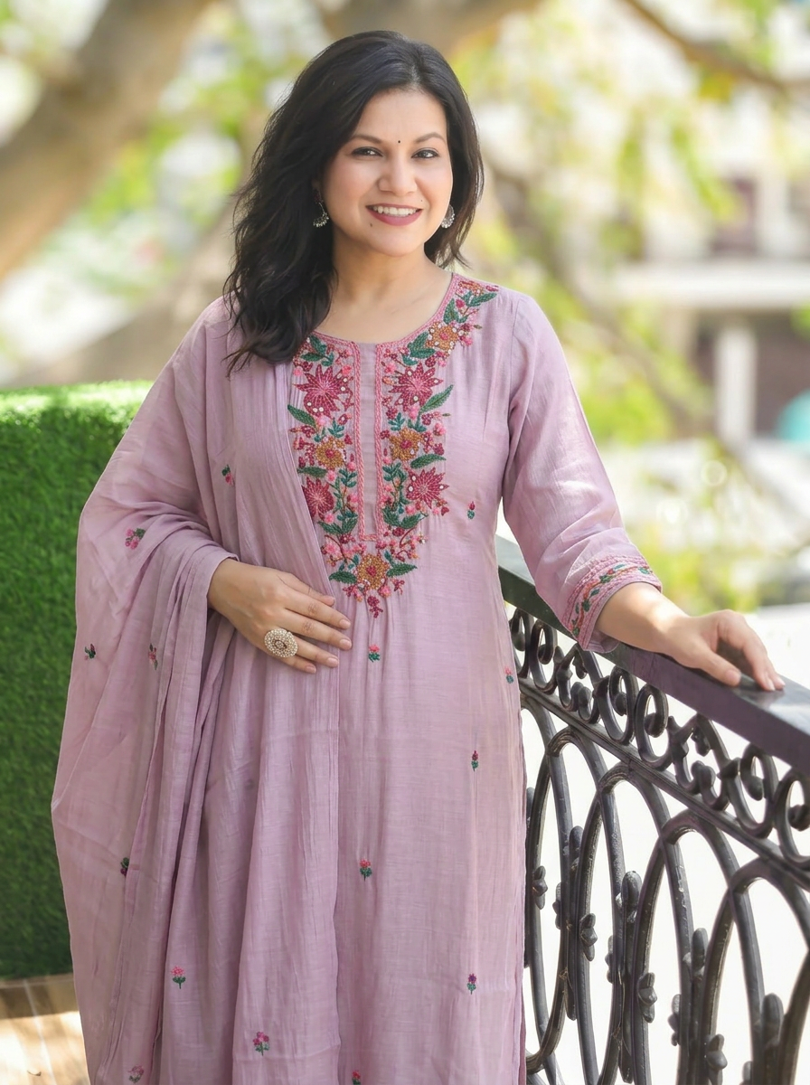 Vrinda Helio Mauve Kolkata Hand Embroidered Set