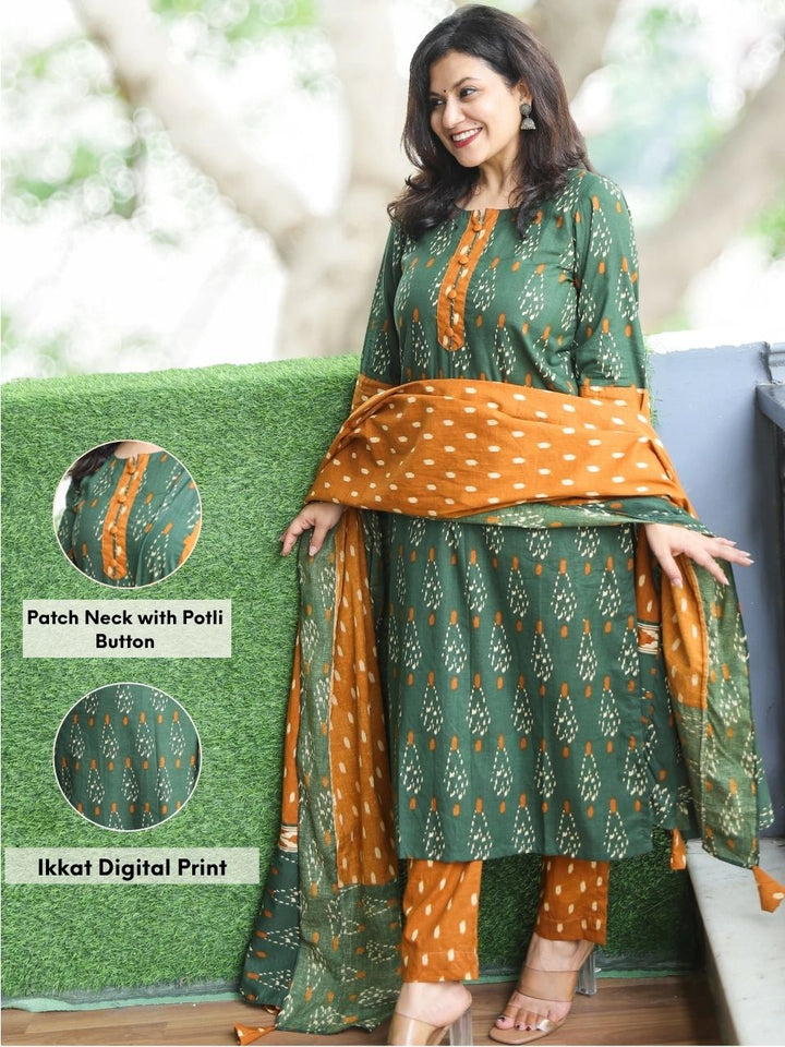 Sadhgi Forest Green Patch Neck with Potli Button Ikkat Digital Print Cotton 3 Piece Set
