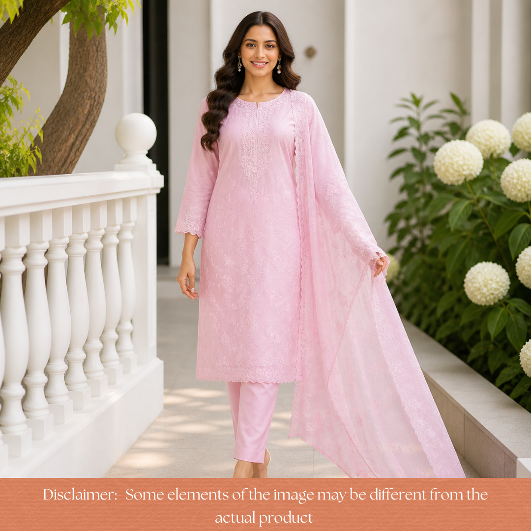 Palomi Pastel Pink Thread Embroidered Mal Chanderi Set