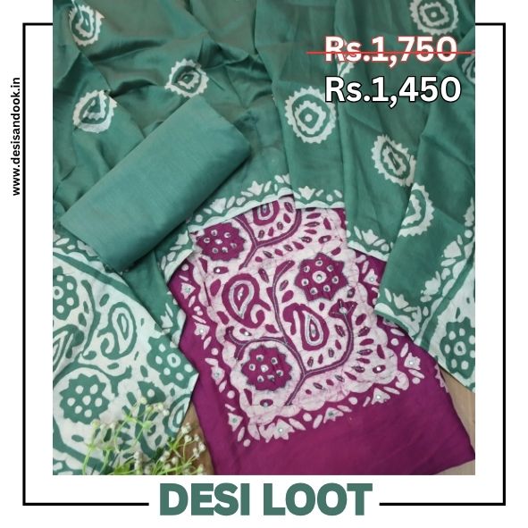 Raavi Onion Purple French Knot in Batik Print Neck Work Chanderi Suit Set