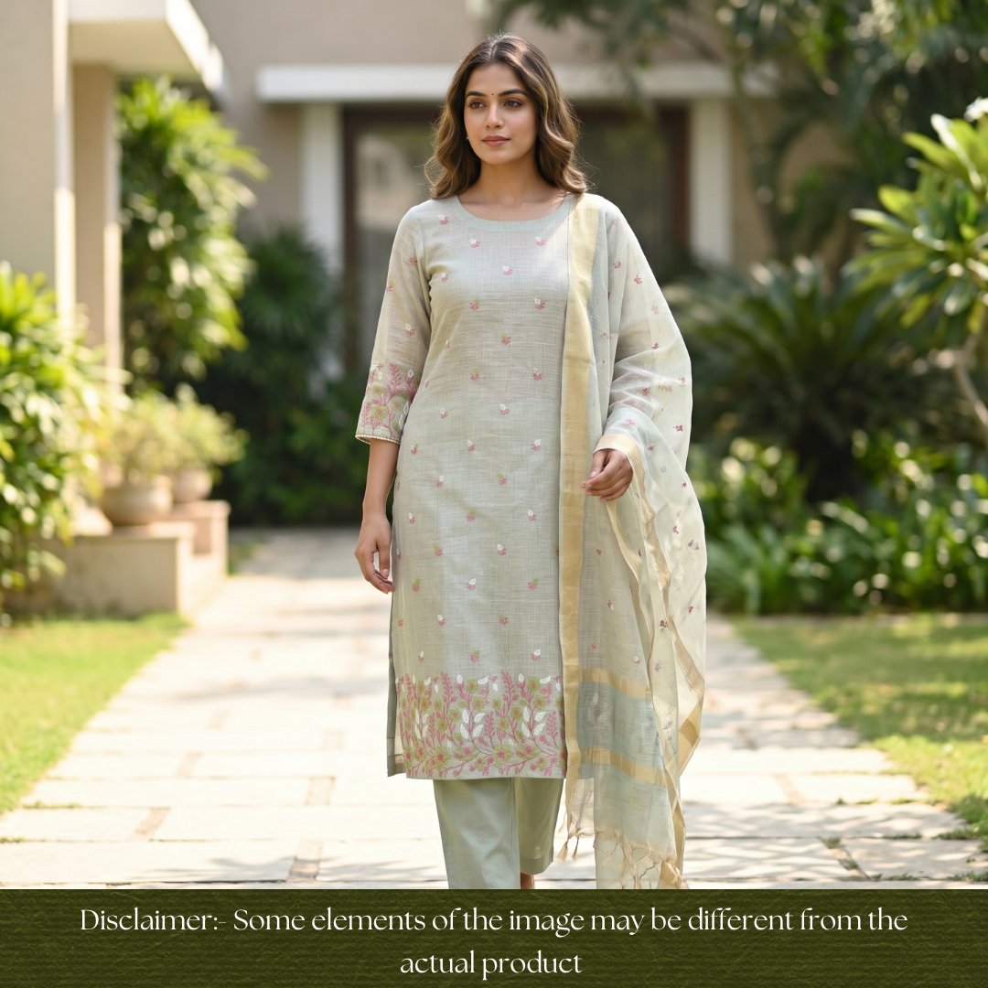 Radhi Mint Chrome Embroidered Hem Shimmer Tissue Linen Set