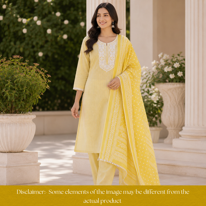 Aarshi Butter Yellow Embroidered Neck Stripe Printed Cotton Set