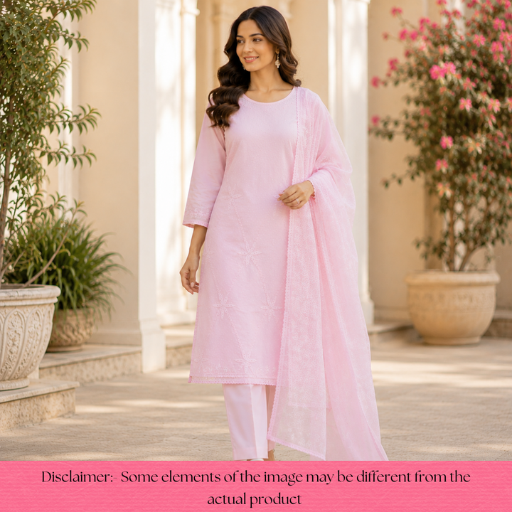 Nurvi Soft Pink Pigment Print with Embroidered Cotton Set