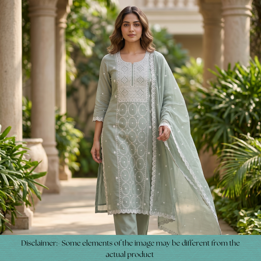 Vamika Sage Green Embroidered with Patra Panel Mul Chanderi Set