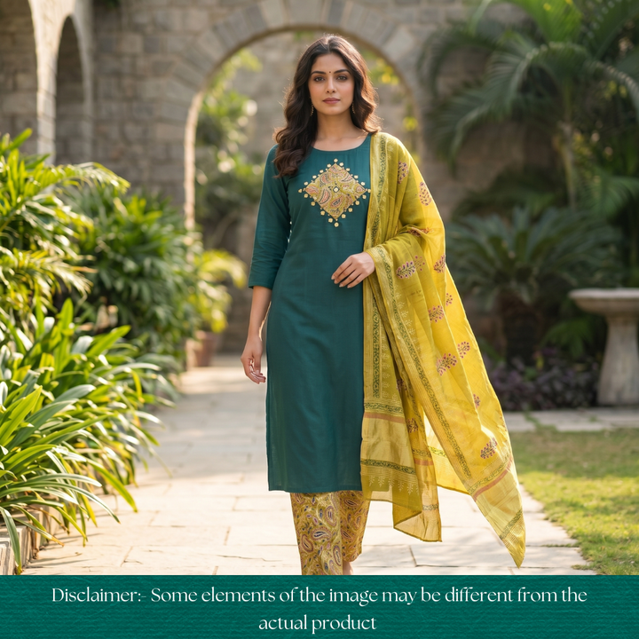 Saheli Teal Mirror Work Applique Kalamkari Jam Cotton Set