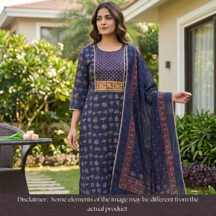 Palak Blue Zari Work Embroidered Yoke Ajrak Print Cotton Set