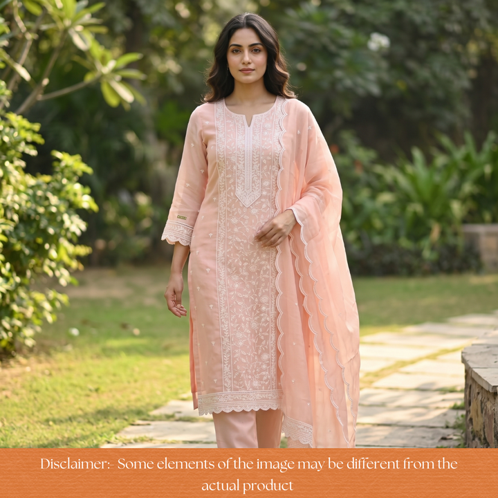 Chaahat Pumpkin Peach Embroidered Panel Mul Chanderi Set