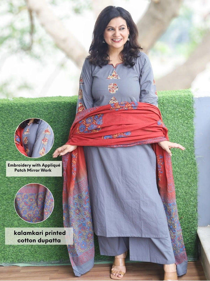 Himayati Fossil Gray Embroidery with Applique Patch and Mirror Work Cotton 3 Piece Set