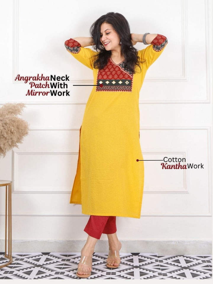Hanniyaan Bright Yellow Angrakha Neck Work Kantha Cotton Kurti-D1