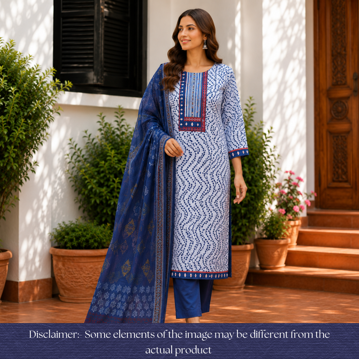 Ishani Stone Blue Kutch Mirror Dabu Printed Cotton Set D2