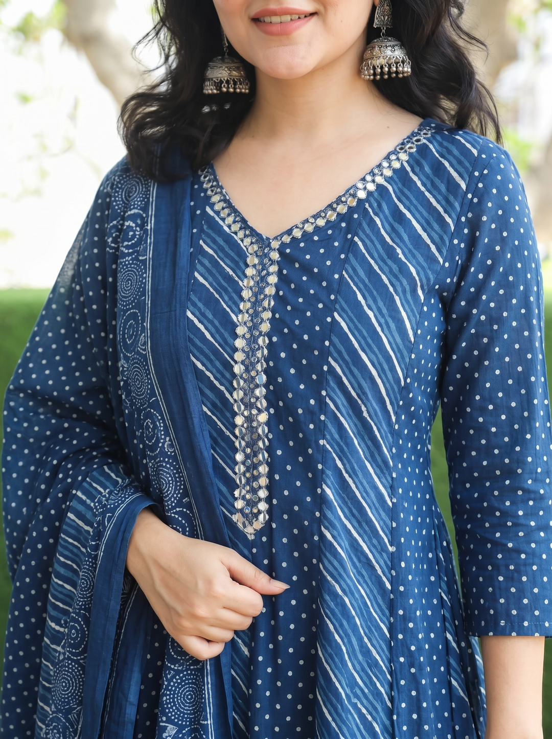 Morni Prussian Navy Leheriya Mul Cotton 3 Piece Set