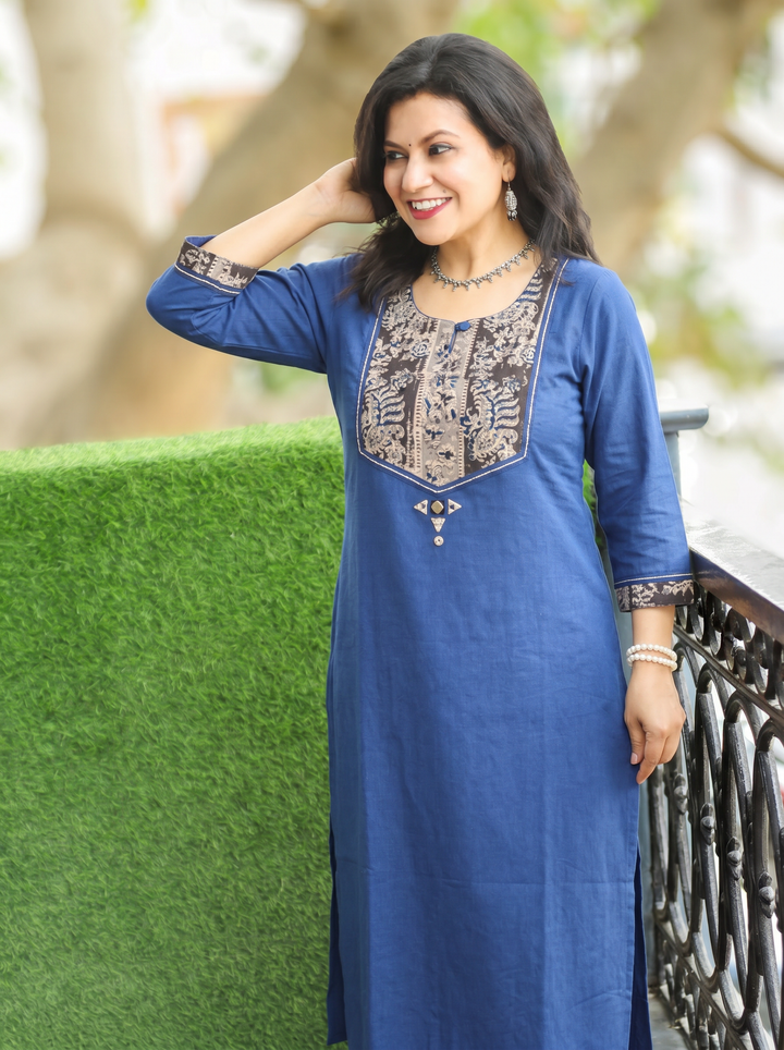 Kanak Royal Blue Kalamkari Printed Yoke Cotton Kurti