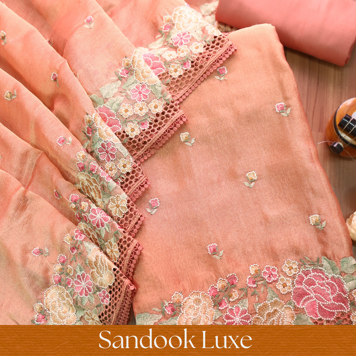 Avinya Peach Thread Embroidered Hem Crinkle Shimmer Tissue Organza Set