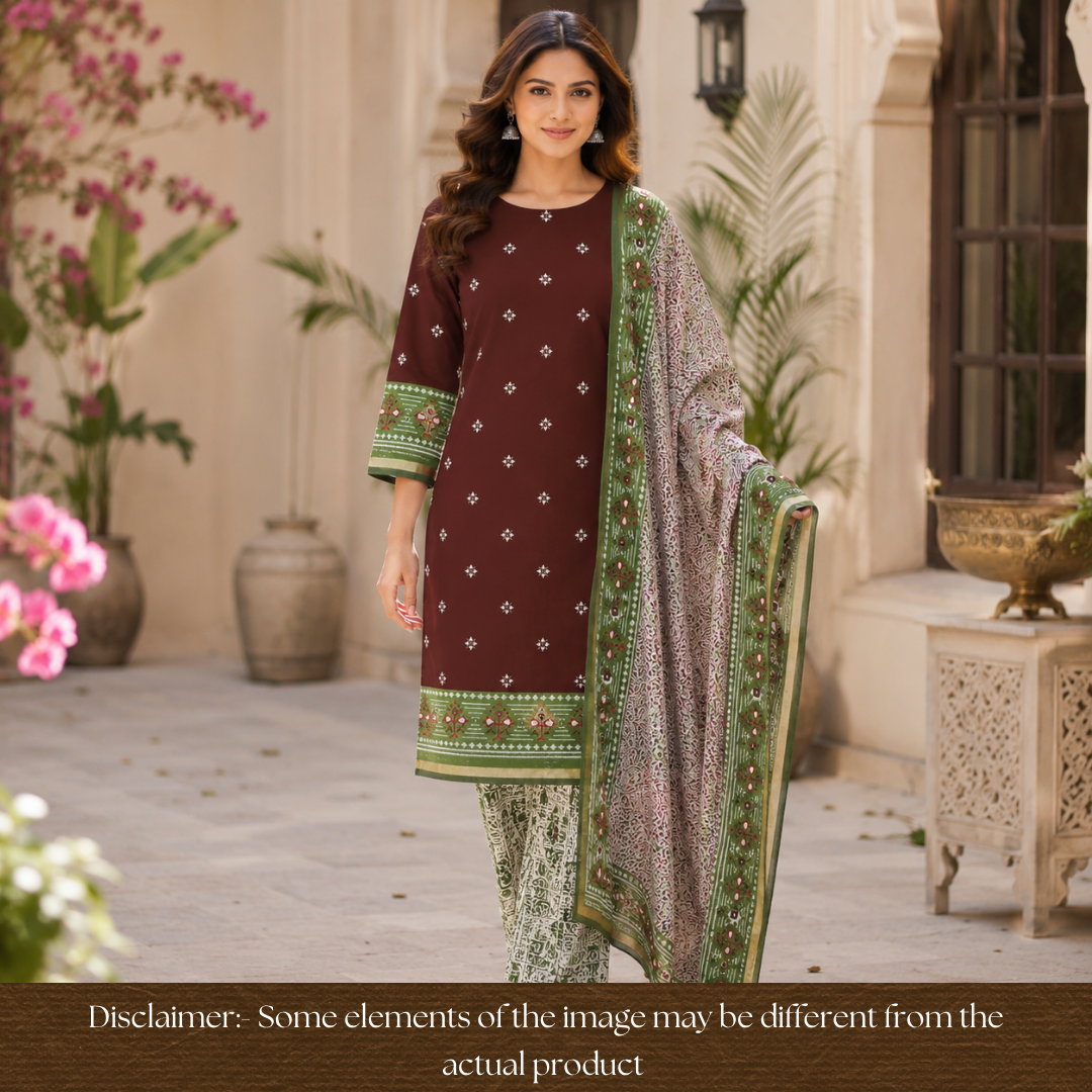 Saatvi Burgundy Maroon Ikkat Printed Hemline Mul Chanderi Set