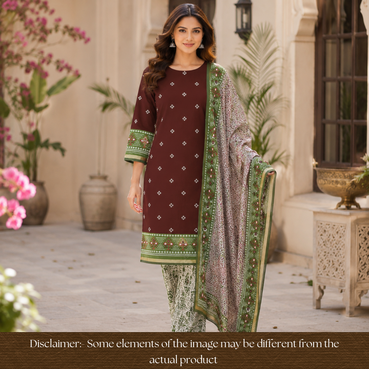 Saatvi Burgundy Maroon Ikkat Printed Hemline Mul Chanderi Set