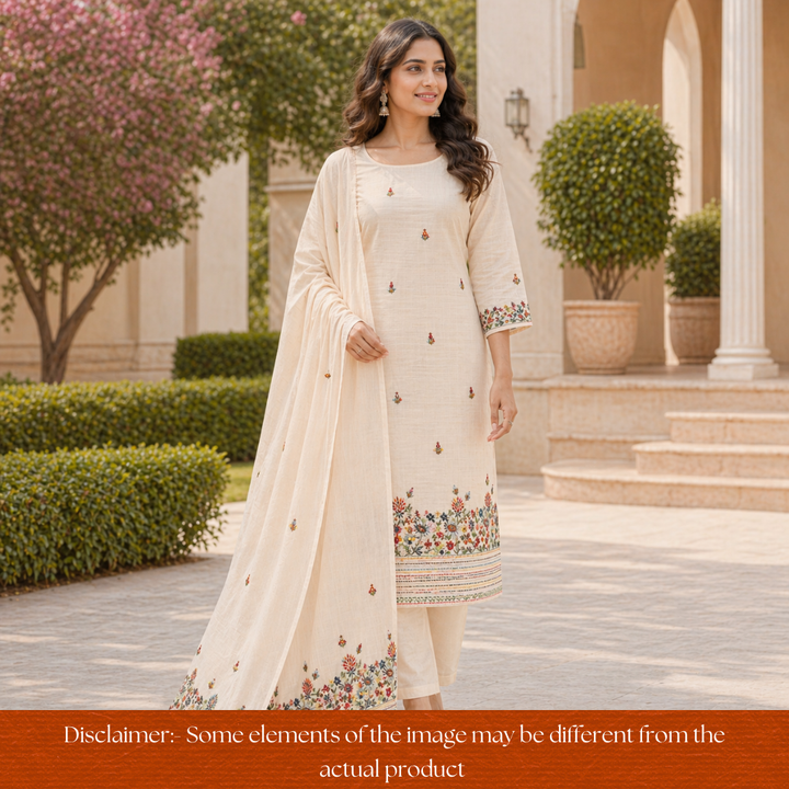 Gulbahar Buttermilk Beige Thread Embroidered Hem Work Kota Doriya Set