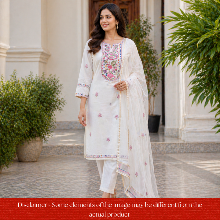 Hans White with Red Floral Hand Painted Kantha Mul Chanderi Set